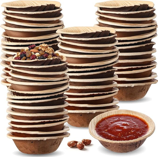100 Pcs Small Palm Leaf Dip Bowls 2.5 Inch Disposable Palm Leaf Round Mini Dip Bowl, All Natural and Compostable Small Bamboo Plates for Dips Soy Sauce Charcuterie Board and Finger Foods