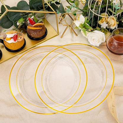 I00000 60PCS Clear Gold Plastic Plates, Clear Plates With Gold Rim 10 Inch,Fancy Disposable Wedding Plate Heavy Duty Plastic Plate for Birthday, Wedding & Party