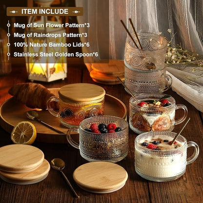LANDNEOO 6 Pack 14oz Vintage Glass Coffee Mugs - Image 2