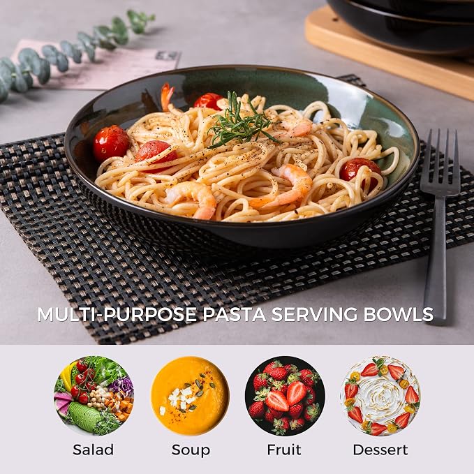 LERATIO 9.0" Ceramic Pasta Bowls Set of 4, 38oz Large Stoneware Bowls Set | - Image 5