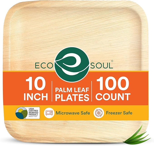 ECO SOUL Palm Leaf Disposable Bamboo Plates 10" Square Compostable & Biodegradable Party Plates for Christmas Dinner, Weddings, Parties & Events 100 Count