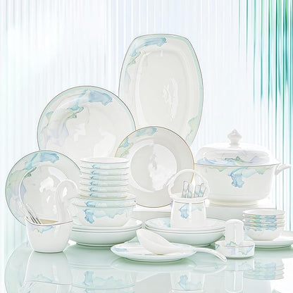 60 Pcs Fine Bone China Dinnerware Set, Porcelain&Ceramic Dinnerware Sets,Bone Stoneware&Ceramic Cookware Tableware Set Includes Dinner Plates|Spoons|Pasta Bowls|Soup Pot|Chopsticks