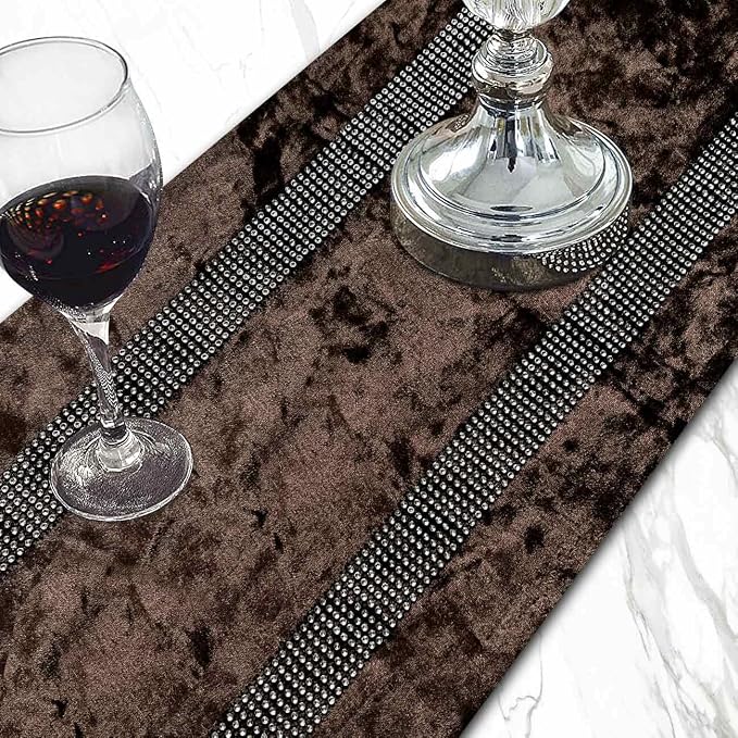 Elegant Rhinestone Brown Table Runner 120 Inches Extra Long, Ombre Velvet | - Image 2