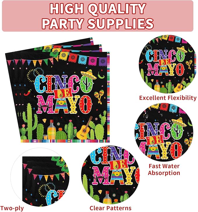 250Pcs Cinco De Mayo Decorations Mexican Fiesta Plates and Napkins Black Mexico - Image 5