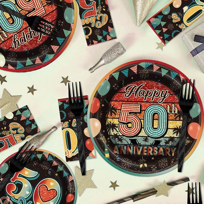 EUOYUFO 96Pcs Vintage 50th Anniversary Paper Plates Napkins Forks 50th Wedding - Image 6