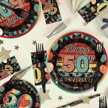EUOYUFO 96Pcs Vintage 50th Anniversary Paper Plates Napkins Forks 50th Wedding - Image 6