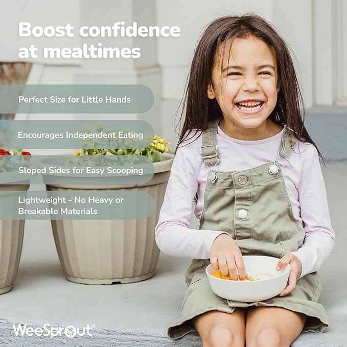 WeeSprout Bamboo Kids Bowls, Set of Four 15 oz Kid-Sized Dinnerware, Cereal, Leftovers & Snack Bowl, Dishwasher Safe (Blue, Yellow, Orange, & Red)