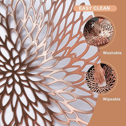 Snowkingdom 12 Pack Rose Gold Placemats Metallic Pressed Vinyl for Mother's Day Table Decoration Dinning Mats Bulk Round Floral Charger for Wedding Valentine's Day Christmas Holiday