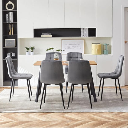 Grey Velvet Chair Set of 6,Mid-Century Modern Dining Chair Upholstered Living Chair Tufted Reception Chair with Solid Black Metal Legs for Bedroom,Dining Room,Kitchen