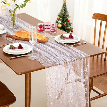 SiinvdaBZX White Silver Sheer Tulle Table Runner 120 Inch/10 Ft Long | Gauze - Image 2