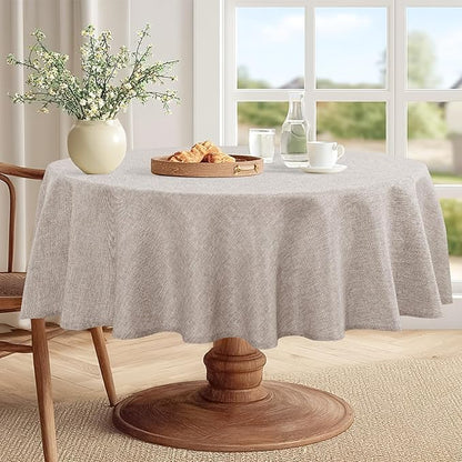 JIUZHEN Round Table Cloth Faux Linen Farmhouse Tablecloth Wrinkle and Stain Resistant Decorative Fabric Table Cover for Kitchen, Dining Room, Parties and Camping, Stone, 90 Inch Round