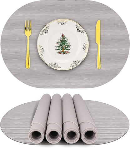 Silicone Placemats, Oval Placemats for Dining Table, Placemats Set of 4, Non-Slip Waterproof Heat Resistant Outdoor Placemat for Patio Table (Light Gray-Oval)