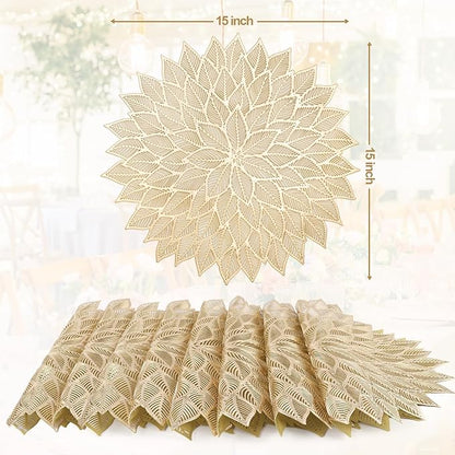Placemats Set of 8, Round Hollow Out Flowers Place Mats for Dining Table Pressed Vinyl Blooming Leaf Table Mats for Holiday Party Wedding Accent Centerpiece Dinner Table Decoration (Gold)