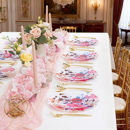 DaYammi 20Pcs Floral Disposable Plastic Plates-Disposable Heavy duty Watercolor Floral Plastic Plates 10.25 inch Dinner plates and 7.5 inch Dessert plates, Disposable Plate for Valentine's Day Party