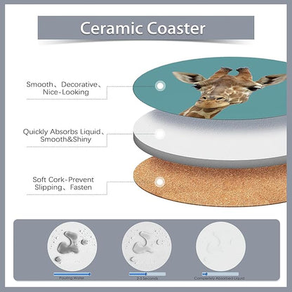 6 Pcs Coasters for Drinks with Holder,Funny Giraffe Absorbent Coaster with Cork Backing,Great Gift for Housewarming,Room Decor,Bar,Holiday Party