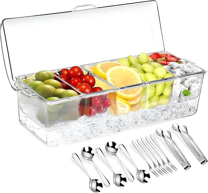 Chilled Condiment Caddy with Lids, 5 Spoons, 5 Forks & 2 Tongs | Chilled by BLIVORRA