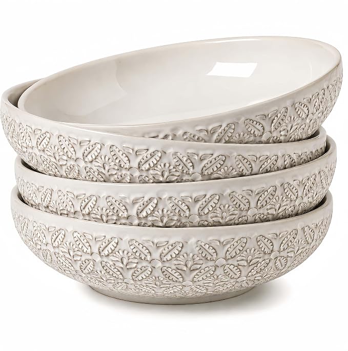 22 Oz Pasta Bowls Set of 4, Large Ceramic Serving Bowls, 8 inch Porcelain by FEENMAICeramicHome