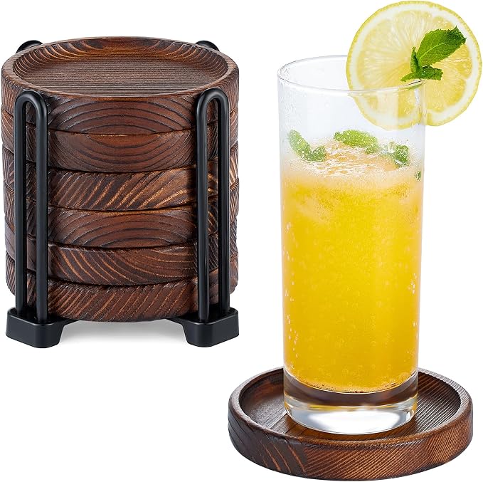 6Pcs Wooden Coasters for Drink-Acacia Wood Drink Coasters Set by Hanber