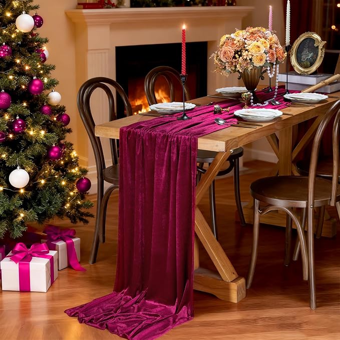Burgundy Velvet Table Runner 29x120 Inch Luxury Retro Christmas Runners | 3 - Image 3