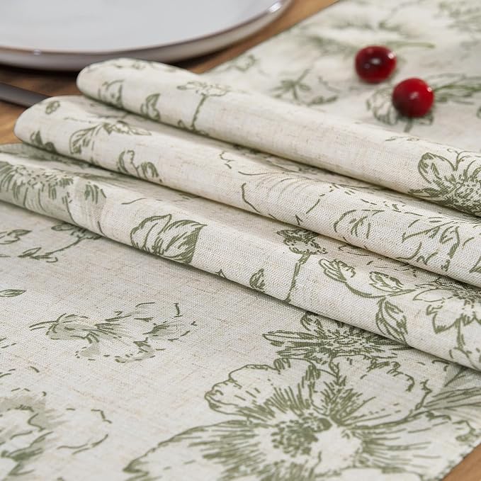 jinchan Green Floral Linen Table Runner 13 x 90 Inch Farmhouse | Rustic - Image 6