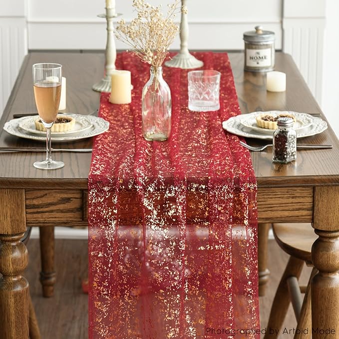 Artoid Mode Red Gold Gauze Table Runner 59x120 Inch 10FT, Glitter Metallic Foil Sheer Dining Wedding Anniversary Holiday Table Decor for Home Party
