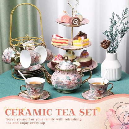 21 Pcs Ceramic Teapot Set Vintage Porcelain Tea Cups - Image 6