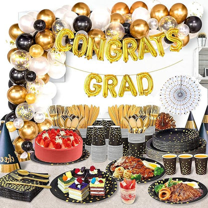 AIRE 350PCS Black Gold Paper Plates Party Supplies Dinnerware Sets for 50 Guests, Disposable Paper Party Plates, Dessert Plates, Cups, Napkins, Plastic Spoons, Forks, Knives for Wedding Birthday