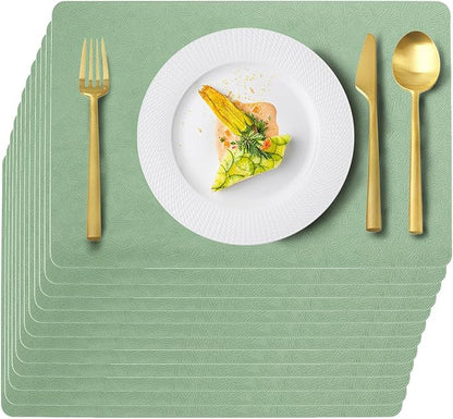 Vinyl Placemats Set of 12 Faux Leather 100% Waterproof Wipeable Washable Place Mats Heat Resistant Easy Clean Non-Slip Table Mats for Indoor Outdoor. (12, Green)