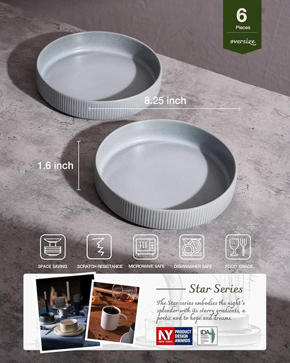 famiware Star 8.25" Pasta Bowls Set of 6, Bowl Plates, Light Gray | Microwave & - Image 2