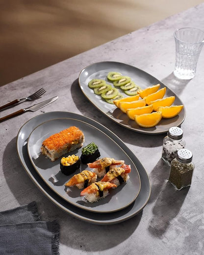 famiware Serving Platter, Oval 15.59/14.3/12.9 inch Serving Dishes for Entertaining, Serving Bowls, Microwave Safe, Fine Stonware Serving Trays for Party, Turkey, Cheese, Ocean Series, Dark Grey