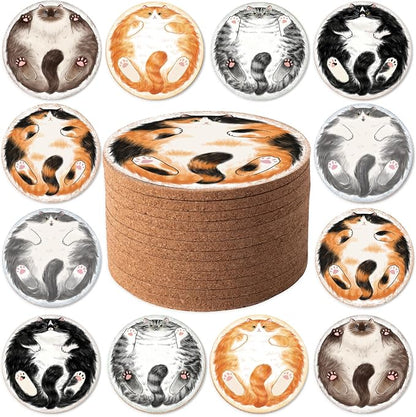 Cork Coasters for Drinks Absorbent Non Slip 12pcs 4 Inch Sleepy Cat | Coaster by Staruby