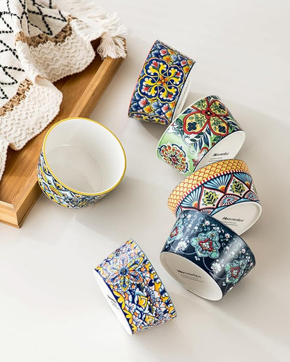 Ramekins Oven Safe for Creme Brulee - Porcelain Pudding Custard Cups 6 oz - Small Serving Bowls for Souffle, Dipping Sauce, Ice Cream, Baking Ramiken Set of 6 - Bohemian Style