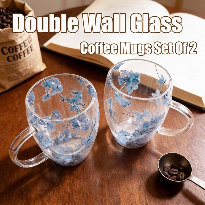 Viovian 13oz Double Wall Glass Coffee Mugs Set of 2 Insulated Glass Coffee Cups - Image 3