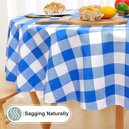 misaya Round Waterproof Vinyl Table Cloth, Buffalo Flannel Backed Tablecloth, Wipeable Plastic Table Cover for Dinner, Kitchen, Picnic (60", White and Blue)