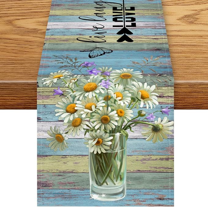 White Daisy Table Runner, Rustic Spring Sunflowers Floral Flower Vase Wooden by Unknown