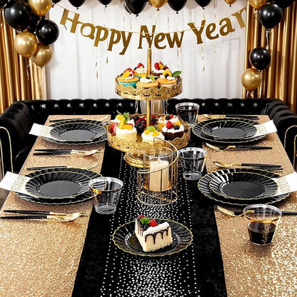 Ciaell 175 PCS Black Scalloped Plastic Plates with Gold Trim - Black Plastic Silverware with Handle - Fancy High-End Dinnerware Sets for Wedding & Party