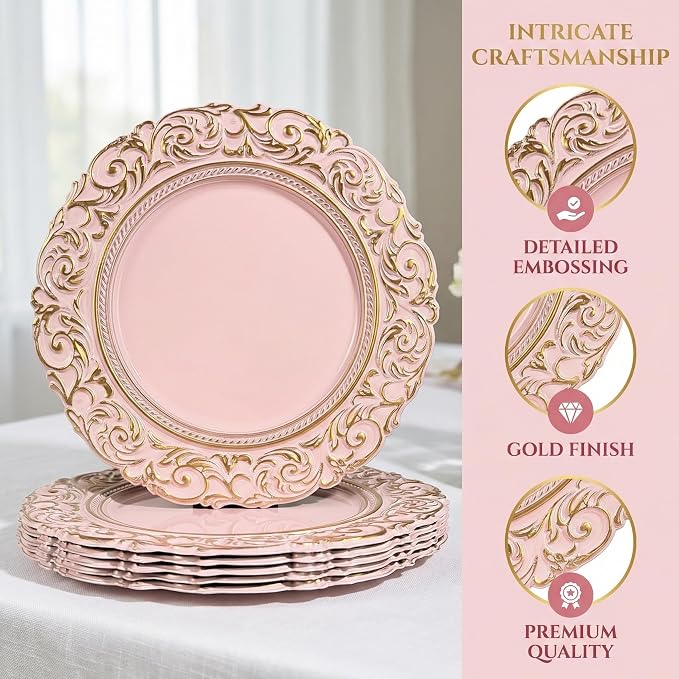 Pink Charger Plates with Gold Embossed Rim, Plate Chargers - Image 9
