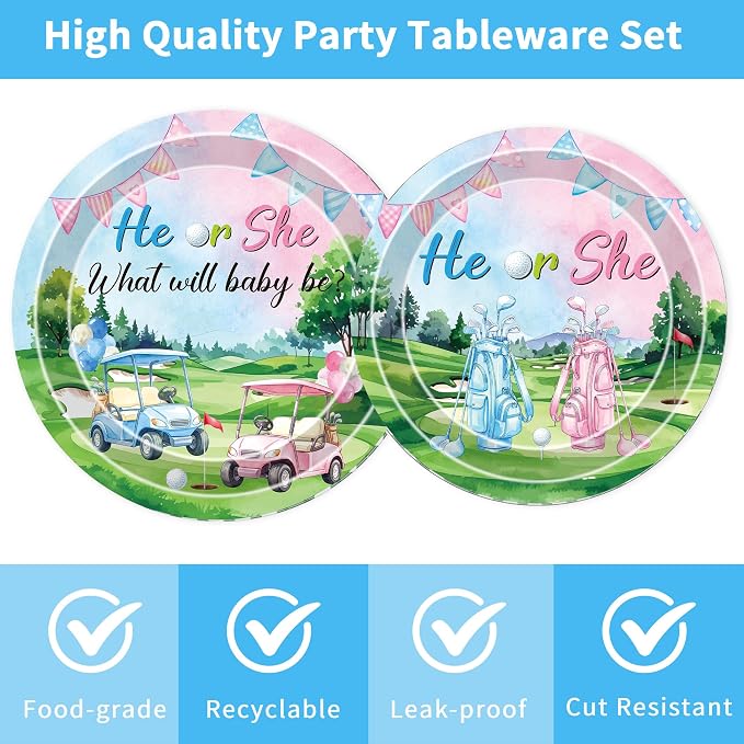 96 Pcs Golf Gender Reveal Decorations, He or She Tableware Set | Golf Cart Theme - Image 4