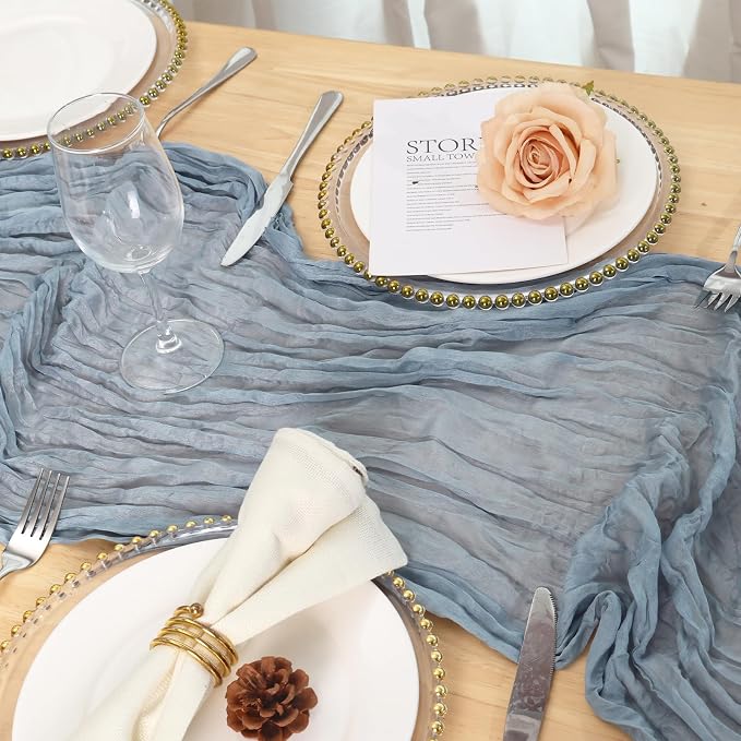 3 Pack Dusty Blue Cheesecloth Table Runner 120 Inch Boho Wedding Decor | - Image 4