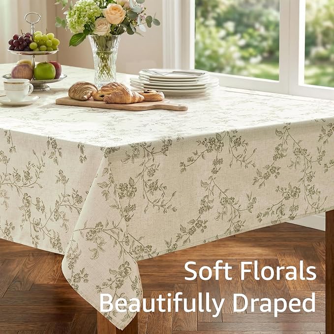 jinchan Green Farmhouse Floral Linen Rectangle Table Cloth 52 x 70 Inch | Soft - Image 6