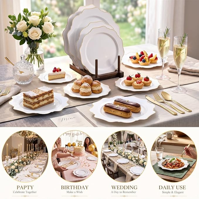 50PCS White and Gold Plastic Plates - Image 9