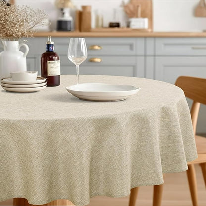 JIUZHEN Round Table Cloth Faux Linen Farmhouse Tablecloth Wrinkle and Stain Resistant Decorative Fabric Table Cover for Kitchen, Dining Room, Parties and Camping, Beige, 108 Inch Round