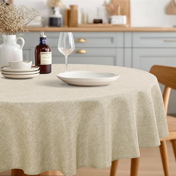 JIUZHEN Round Textured Table Cloth Linen Wrinkle Free Stain Resistant Farmhouse Decorative Circular Tablecloth for Kitchen, Dining, Party, Wedding, Outdoor Use (50 Inch Round,Beige)