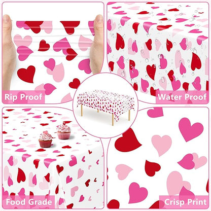 4 Pack Valentines Decorations, 108" X 54" Valentines Tablecloths, Heart-shaped Disposable Red Pink Tablecloths Love Plastic Table Cover, Galentines Decorations Party Supplies for Wedding Birthday