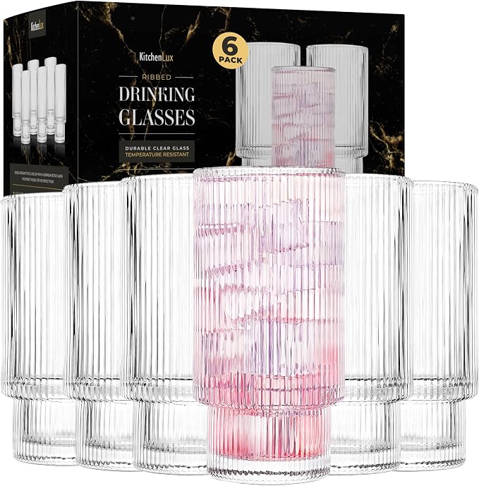 Kitchen Lux Ribbed Glass Cups 12oz Highball Tall Glass | Stackable Ribbed by KitchenLux