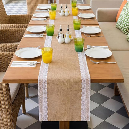 Tatuo 6 Pcs Lace Burlap Table Runner 12'' x 72'' Rustic Jute Hessian Farmhouse - Image 5