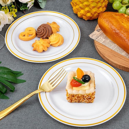 WELLIFE 144Pcs Gold Dessert Plates, 7.5 Inch Plastic Appetizer plates, Heavy Duty plastic Party Plates, White and Gold Plastic plate for Party and Wedding