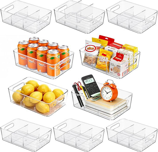 10 Pack Pantry Organizers and Storage,Clear Plastic Containers with 2 Dividers for Kitchen,Fridge Organization and Storage,Acrylic Bins for Pounches,Spice Packet,Snack organzier