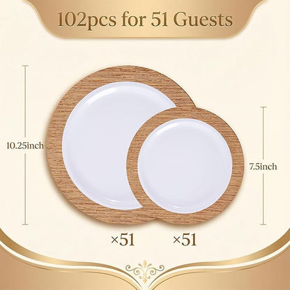 I00000 102 Pcs Wood Grain Brown Plastic Plates, Brown Party Plates Premium Plastic Disposable Plate Disposable Include 51 Dinner Platos 10" & 51 Dessert Platos 7", Elegant Wood Grain Design for Party