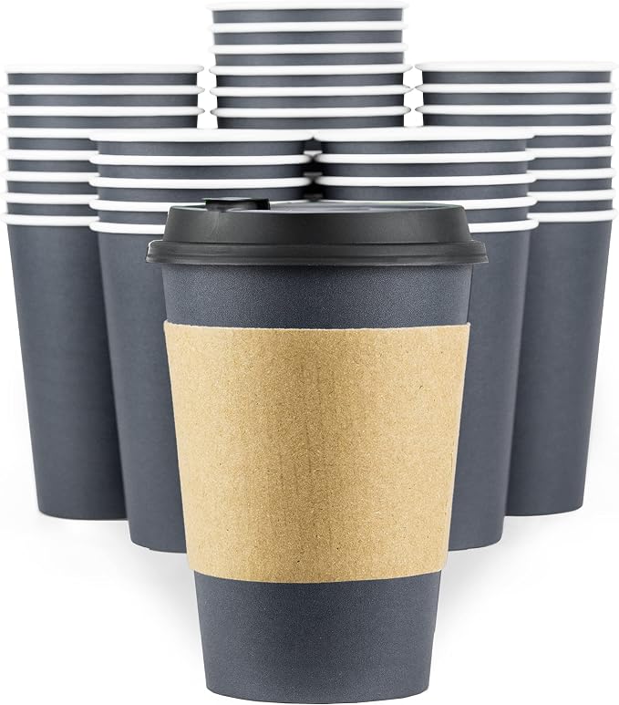 Disposable Coffee Cups With Lids and Sleeves, 12 oz by Glowcoast
